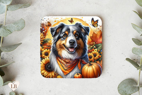 Fall Dog Coaster, Australian Shepherd Square Coaster Sublimation BijouBay 