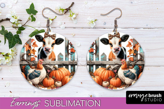 Fall Earrings - Autumn Cow Round Earring Sublimation Design Sublimation OrangeBrushStudio 