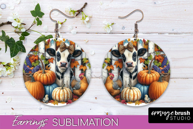 Fall Earrings - Autumn Cow Round Earring Sublimation Design Sublimation OrangeBrushStudio 