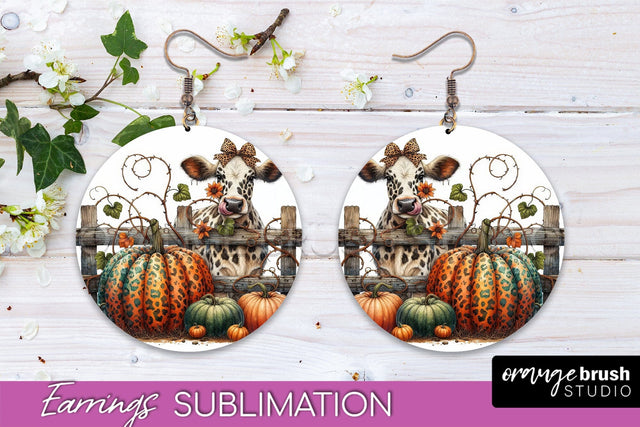 Fall Earrings - Autumn Cow Round Earring Sublimation Design Sublimation OrangeBrushStudio 