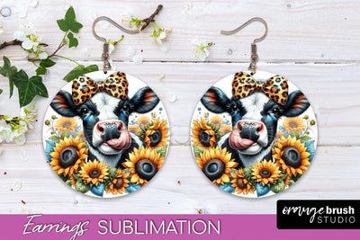 Fall Earrings - Autumn Cow Round Earring Sublimation Design Sublimation OrangeBrushStudio 