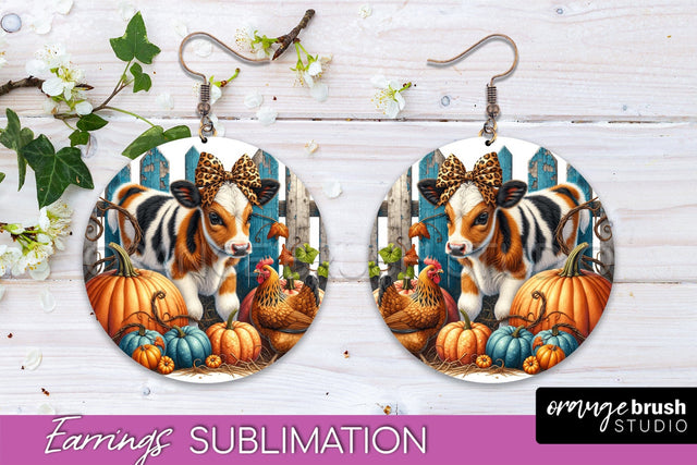 Fall Earrings - Autumn Cow Round Earring Sublimation Design Sublimation OrangeBrushStudio 