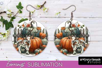 Fall Earrings - Autumn Cow Round Earring Sublimation Design Sublimation OrangeBrushStudio 