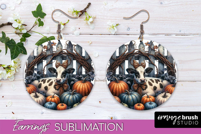Fall Earrings - Autumn Cow Round Earring Sublimation Design Sublimation OrangeBrushStudio 