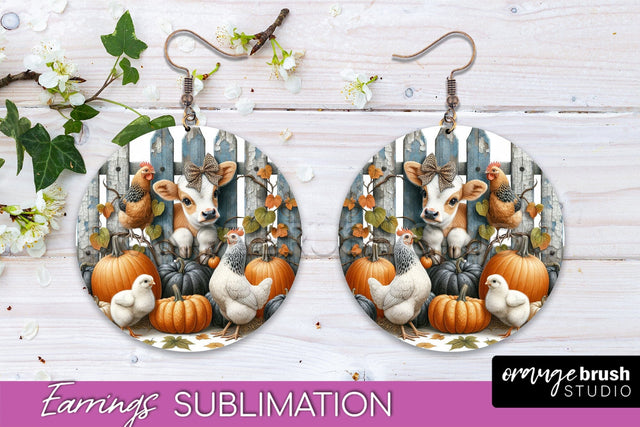Fall Earrings - Autumn Cow Round Earring Sublimation Design Sublimation OrangeBrushStudio 