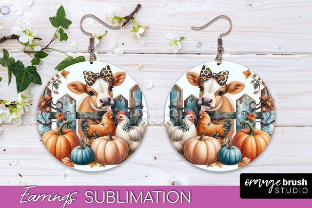 Fall Earrings - Autumn Cow Round Earring Sublimation Design Sublimation OrangeBrushStudio 