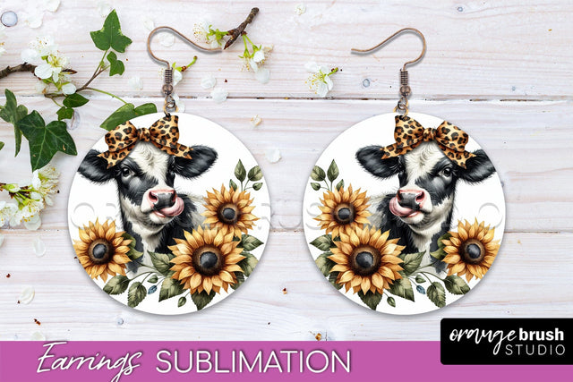 Fall Earrings - Autumn Cow Round Earring Sublimation Design Sublimation OrangeBrushStudio 