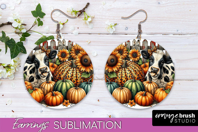 Fall Earrings - Autumn Cow Round Earring Sublimation Design Sublimation OrangeBrushStudio 