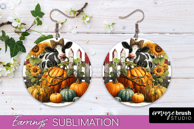 Fall Earrings - Autumn Cow Round Earring Sublimation Design Sublimation OrangeBrushStudio 