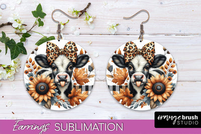 Fall Earrings - Autumn Cow Round Earring Sublimation Design Sublimation OrangeBrushStudio 