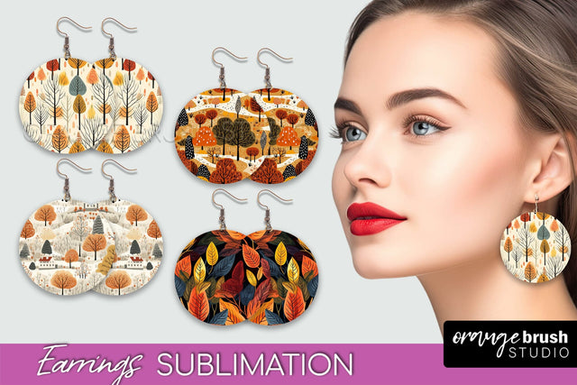 Fall Earrings - Autumn Forest Round Earrings Sublimation Sublimation OrangeBrushStudio 