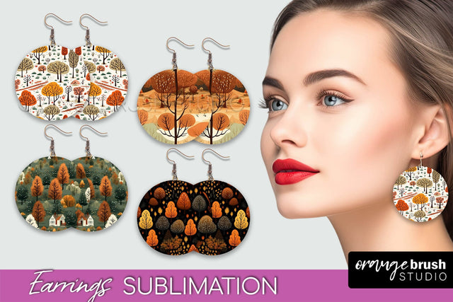 Fall Earrings - Autumn Forest Round Earrings Sublimation Sublimation OrangeBrushStudio 