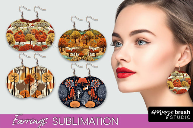 Fall Earrings - Autumn Forest Round Earrings Sublimation Sublimation OrangeBrushStudio 