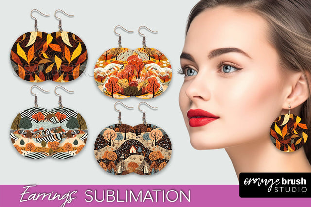 Fall Earrings - Autumn Forest Round Earrings Sublimation Sublimation OrangeBrushStudio 