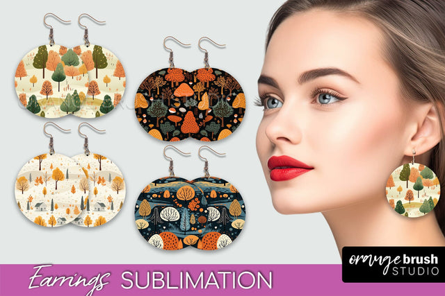 Fall Earrings - Autumn Forest Round Earrings Sublimation Sublimation OrangeBrushStudio 