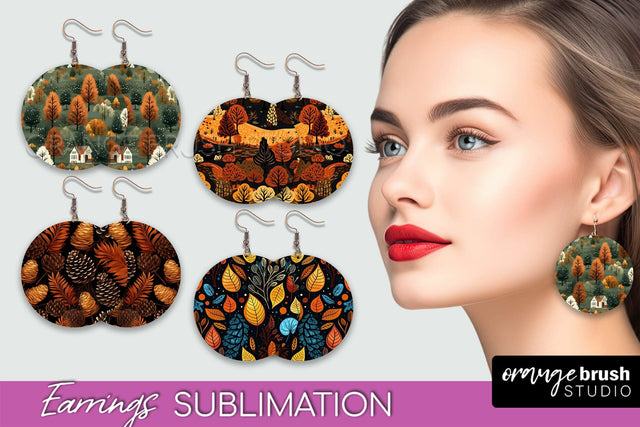 Fall Earrings - Autumn Forest Round Earrings Sublimation Sublimation OrangeBrushStudio 
