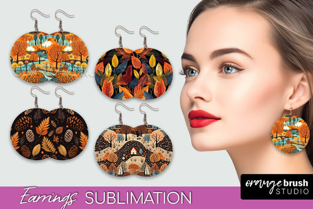 Fall Earrings - Autumn Forest Round Earrings Sublimation Sublimation OrangeBrushStudio 
