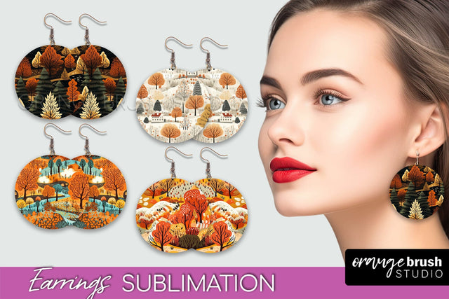 Fall Earrings - Autumn Forest Round Earrings Sublimation Sublimation OrangeBrushStudio 
