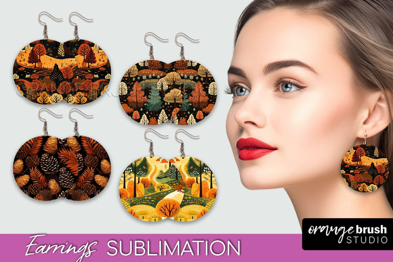 Fall Earrings - Autumn Forest Round Earrings Sublimation Sublimation OrangeBrushStudio 