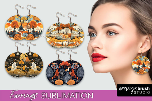 Fall Earrings - Autumn Forest Round Earrings Sublimation Sublimation OrangeBrushStudio 