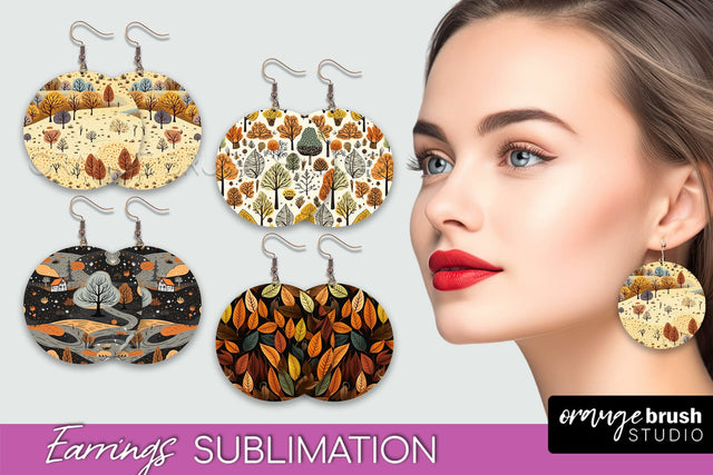 Fall Earrings - Autumn Forest Round Earrings Sublimation Sublimation OrangeBrushStudio 