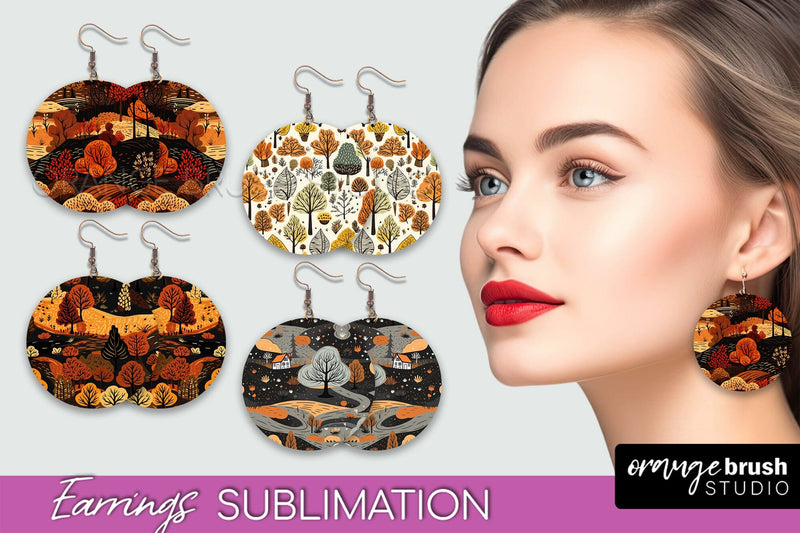 Fall Earrings - Autumn Forest Round Earrings Sublimation Sublimation OrangeBrushStudio 