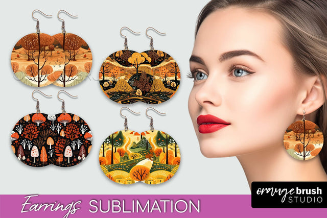 Fall Earrings - Autumn Forest Round Earrings Sublimation Sublimation OrangeBrushStudio 