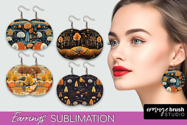Fall Earrings - Autumn Forest Round Earrings Sublimation Sublimation OrangeBrushStudio 