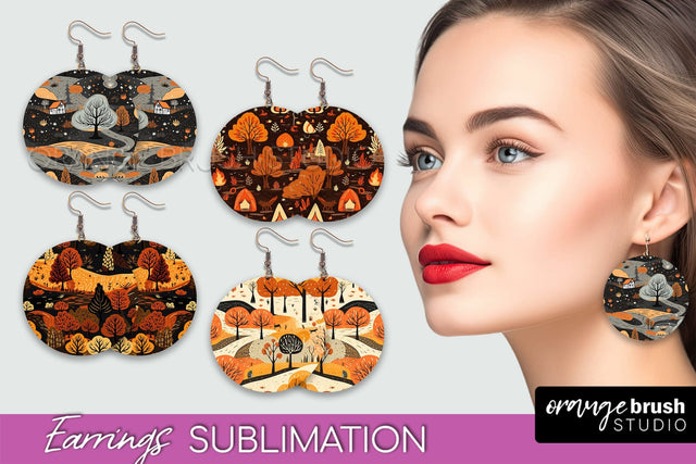 Fall Earrings - Autumn Forest Round Earrings Sublimation Sublimation OrangeBrushStudio 
