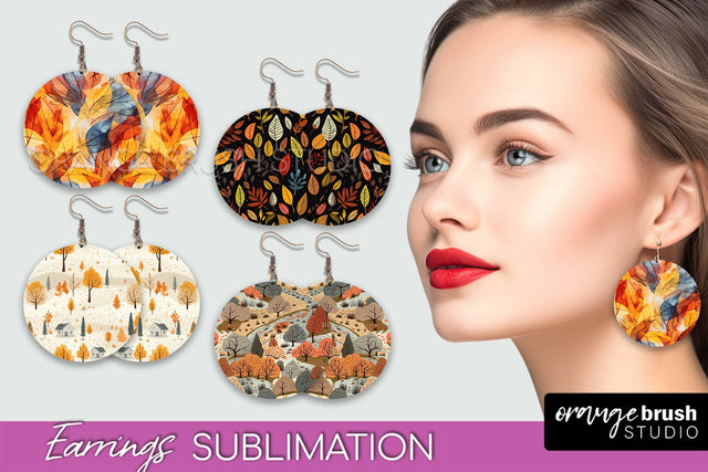 Fall Earrings - Autumn Forest Round Earrings Sublimation Sublimation OrangeBrushStudio 