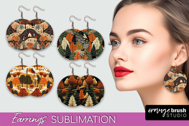 Fall Earrings - Autumn Forest Round Earrings Sublimation Sublimation OrangeBrushStudio 