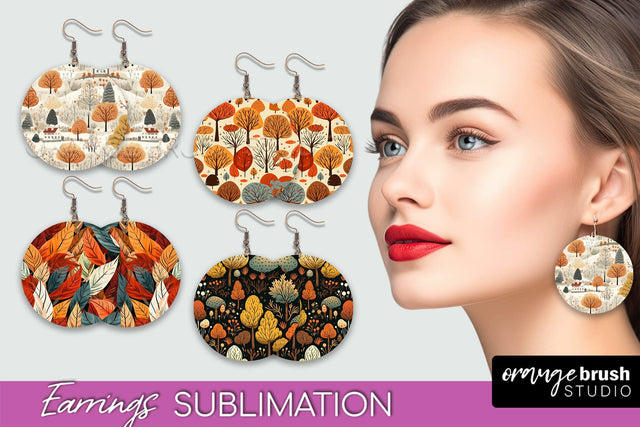 Fall Earrings - Autumn Forest Round Earrings Sublimation Sublimation OrangeBrushStudio 