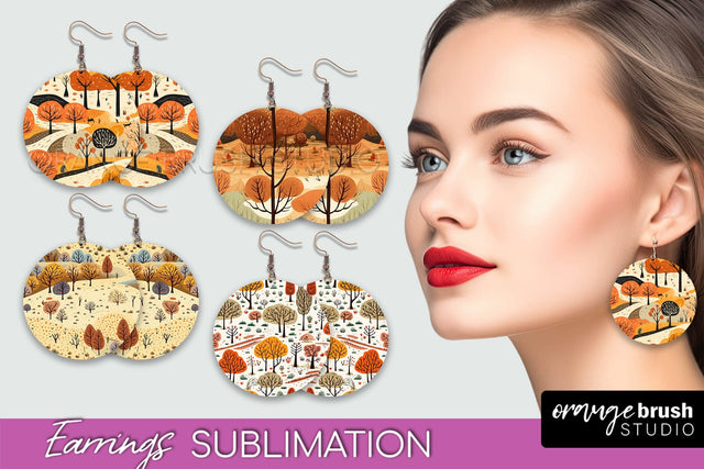 Fall Earrings - Autumn Forest Round Earrings Sublimation Sublimation OrangeBrushStudio 