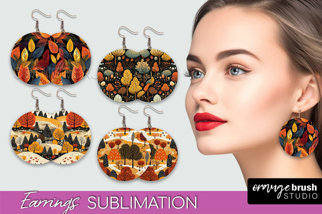 Fall Earrings - Autumn Forest Round Earrings Sublimation Sublimation OrangeBrushStudio 