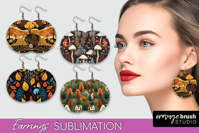 Fall Earrings - Autumn Forest Round Earrings Sublimation Sublimation OrangeBrushStudio 