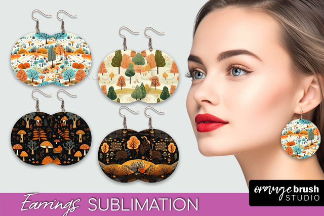 Fall Earrings - Autumn Forest Round Earrings Sublimation Sublimation OrangeBrushStudio 