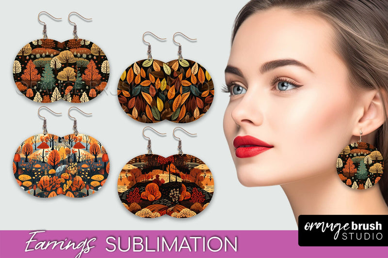 Fall Earrings - Autumn Forest Round Earrings Sublimation Sublimation OrangeBrushStudio 