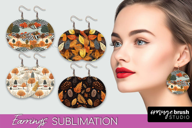 Fall Earrings - Autumn Forest Round Earrings Sublimation Sublimation OrangeBrushStudio 
