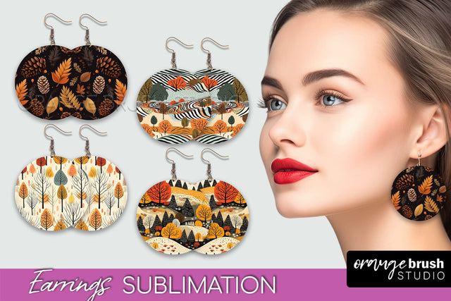 Fall Earrings - Autumn Forest Round Earrings Sublimation Sublimation OrangeBrushStudio 