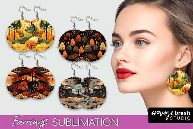Fall Earrings - Autumn Forest Round Earrings Sublimation Sublimation OrangeBrushStudio 