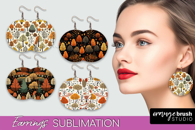 Fall Earrings - Autumn Forest Round Earrings Sublimation Sublimation OrangeBrushStudio 