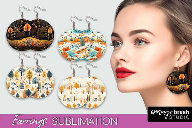 Fall Earrings - Autumn Forest Round Earrings Sublimation Sublimation OrangeBrushStudio 