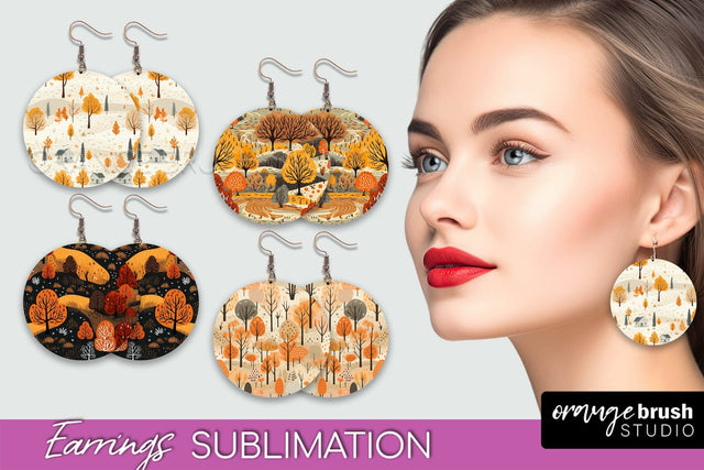 Fall Earrings - Autumn Forest Round Earrings Sublimation Sublimation OrangeBrushStudio 
