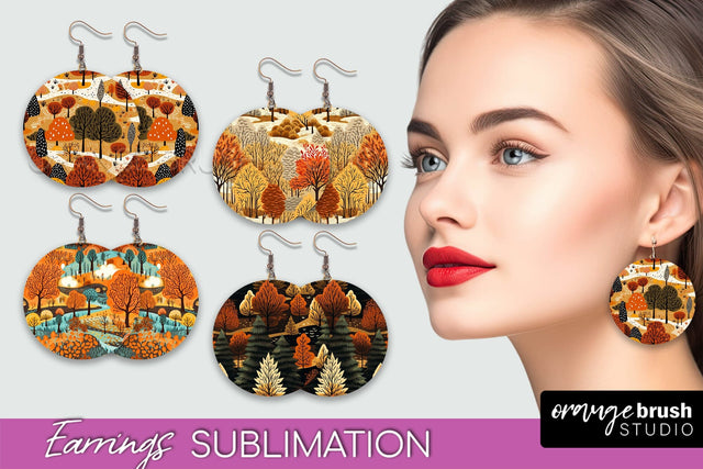 Fall Earrings - Autumn Forest Round Earrings Sublimation Sublimation OrangeBrushStudio 