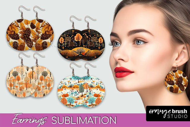 Fall Earrings - Autumn Forest Round Earrings Sublimation Sublimation OrangeBrushStudio 