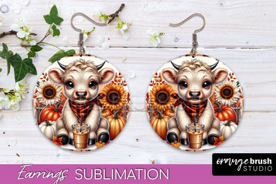 Fall Earrings - Cute Highland Cow Round Earring Sublimation Sublimation OrangeBrushStudio 