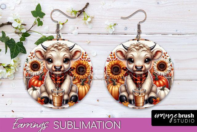 Fall Earrings - Cute Highland Cow Round Earring Sublimation Sublimation OrangeBrushStudio 