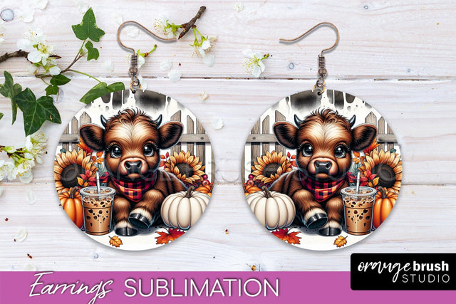 Fall Earrings - Cute Highland Cow Round Earring Sublimation Sublimation OrangeBrushStudio 