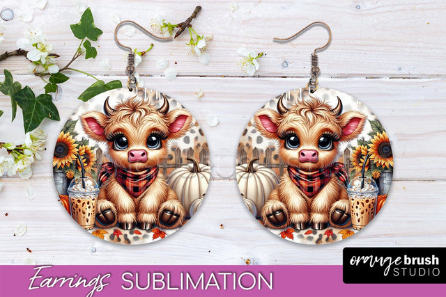 Fall Earrings - Cute Highland Cow Round Earring Sublimation Sublimation OrangeBrushStudio 
