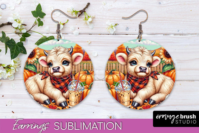 Fall Earrings - Cute Highland Cow Round Earring Sublimation Sublimation OrangeBrushStudio 